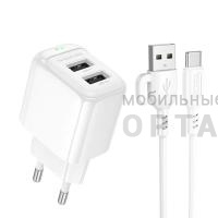 Блок питания сетевой 2 USB BOROFONE BAS41A Potential, пластик, кабель USB - Type-C, цвет: белый (1/54/216)