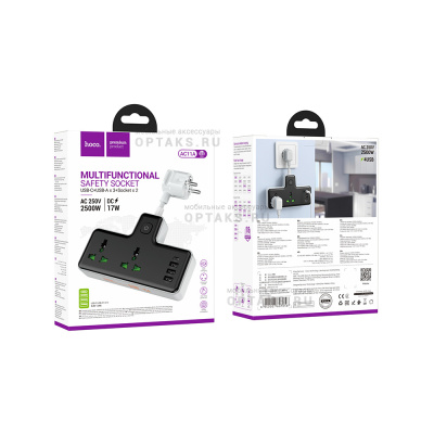 Сетевой фильтр HOCO AC11A, 85мм, 10A/250V, 5V/3A, 2 розетки, 3хUSB, Type-C, с выключателем,  черный